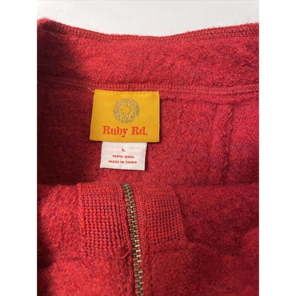 Ruby Rd. Red Wool Zip Up Cardigan Jacket Blazer L Large Woman’s Floral Pockets - Picture 2 of 7